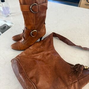 Brown Leather Knee-High Boots and vintage leather bag